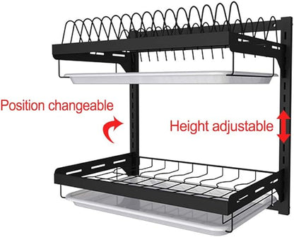 junyuan Kitchen Dish Rack,Hanging Dish Drying Rack Organizer Storage Shelf Over Sink,2 Tier Wall Mount Bowl Holder with Drain Tray and Silverware Stainless Steel Black Coating Ajustable Height