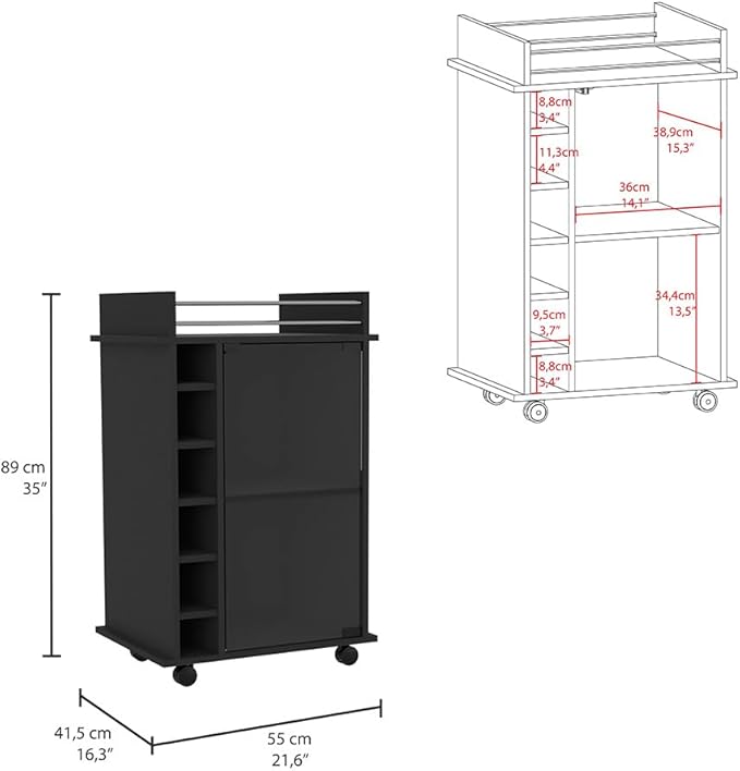 Mobile Bar Cart with Glass Door Cabinet, 6 Wine Bottle Storage Cubbies, Carbon Espresso Finish, 35" H x 21.6" W Bar Serving Cart with Wheels (Black)
