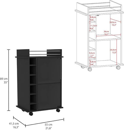 Mobile Bar Cart with Glass Door Cabinet, 6 Wine Bottle Storage Cubbies, Carbon Espresso Finish, 35" H x 21.6" W Bar Serving Cart with Wheels (Black)