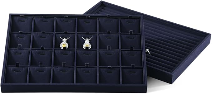 Dansmiy Linen Stackable Necklace Storage Tray, 24 Grid Pendant Display Tray, Jewellery Shop Counter Showcase Table Top Organizers, Makeup Table Drawer Insert Jewelry Tray