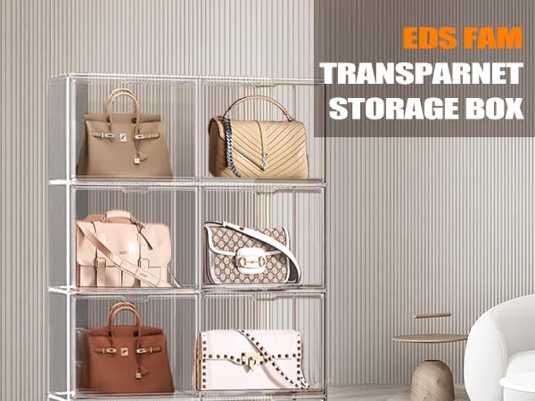 EDS FAM 4 Pack Clear Shoe Box Organizer,Size 14 Acrylic Display Cases for Book Cosmetic Figures Collectibles Showcase,X-Large Bag Stackable Plastic Storage Bins with Magnetic Lid