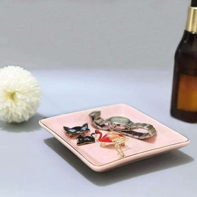 HANKOR Ceramic Jewelry Dish Tray, Decorative Trinket Tray Holder for Ring Earring Key, Gift for Women Girls, 4.7inch, Pink