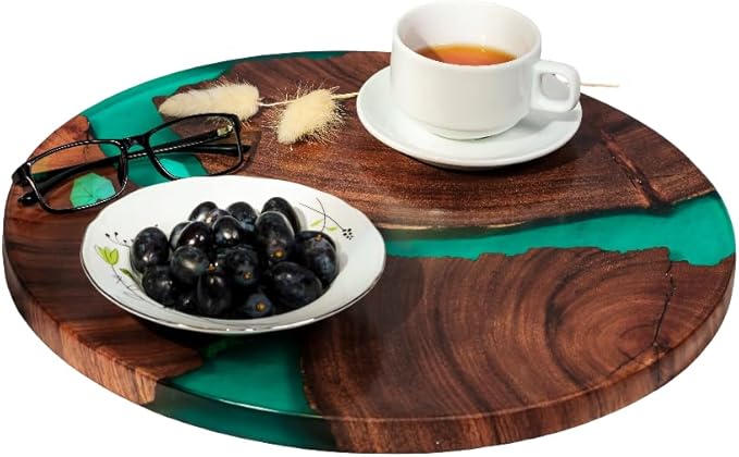 Handmade Reversible 16" Wood and Epoxy Resin Lazy Susan, Turntable for Kitchen Countertop, Rotating Display Stand, Organizer and Storage for Dining Table, Cup Board, Home Decor (Clear Green)