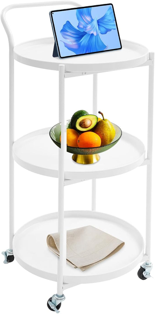 Round 3-Tier Rolling Bar Cart with Locking Wheels, Metal Serving Cart with Handle, 18" x 16" Mobile Organizer for Dining Room, Living Room, Bar (White)