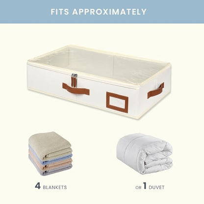 OrganiHaus Under Bed Storage Containers, Bedroom Storage and Organization Bins, Clothes Organizer for Closet with Clear Cover and Reinforced Handles - Set of 2 23.5x12.5x5 inches Off-White