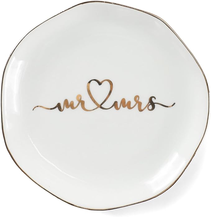VINCOMIC Mr.& Mrs Wedding Ring Dish-Jewelry Dish Tray-Ceramic White