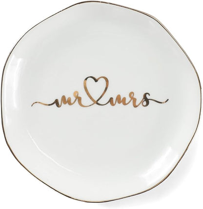 VINCOMIC Mr.& Mrs Wedding Ring Dish-Jewelry Dish Tray-Ceramic White