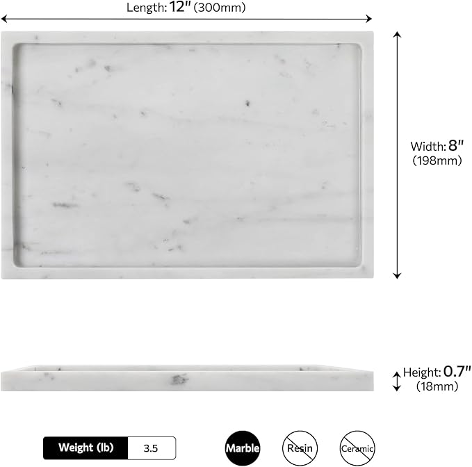 Faticdorr Carrara White Marble Tray, Marble Vanity Tray, Bathroom, Decor for Trinket Perfume Jewelry Candle, Large, 12 Inch Rectangular