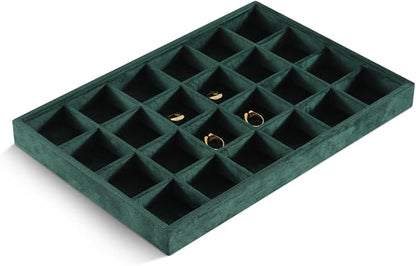 Velvet Stackable Jewelry Display Tray, 24 Grid Earring Ring Storage Tray, Drawer Divider Jewelry Accessories Organizer Plate (Green)