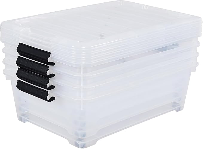 Feicanhao 4-Pack 20 L Plastic Under Bed Storage Container with Lids, Underbed Clear Organizer Bin with Wheels