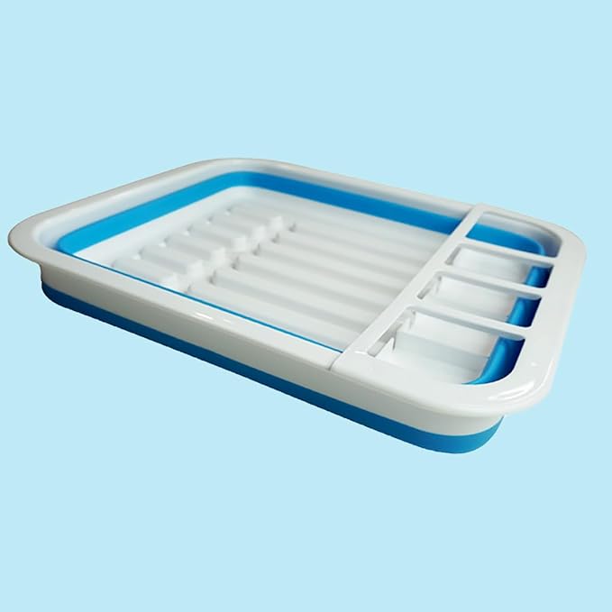 Collapsible Dish Rack Foldable Dish Drying Rack Portable Dish Drainer Dinnerware Organizer Rack Folding Tableware Storage Rack Cutlery Rack for Kitchen Counter RV Camper Accessories (White Blue)
