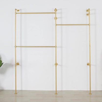 Modern Simple Industrial Pipe Double Hanging Rods Clothing Rack, Clothes Rack Wall Mounted Heavy Duty Hanging Clothes Rack, Detachable Garment Bar 93.7X84inch (Gold)