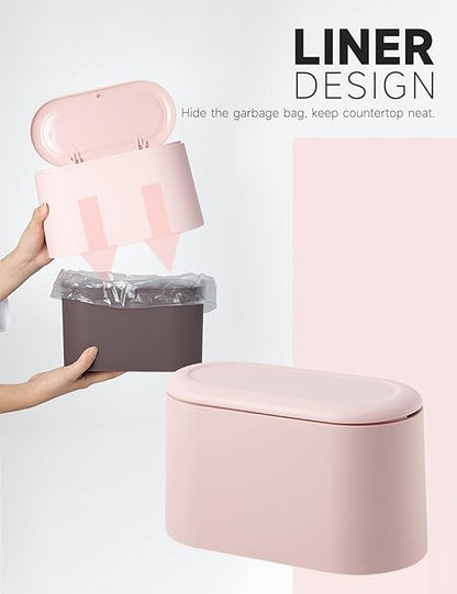 Mini Trash Can with Lid Removable Small Garbage Can, Tiny Plastic Trash Bin, Pop Up Countertop Wastebasket, Counter Garbage Lint Bin for Bathroom,Office,Kitchen,Desk,Coffee Table(Pink)