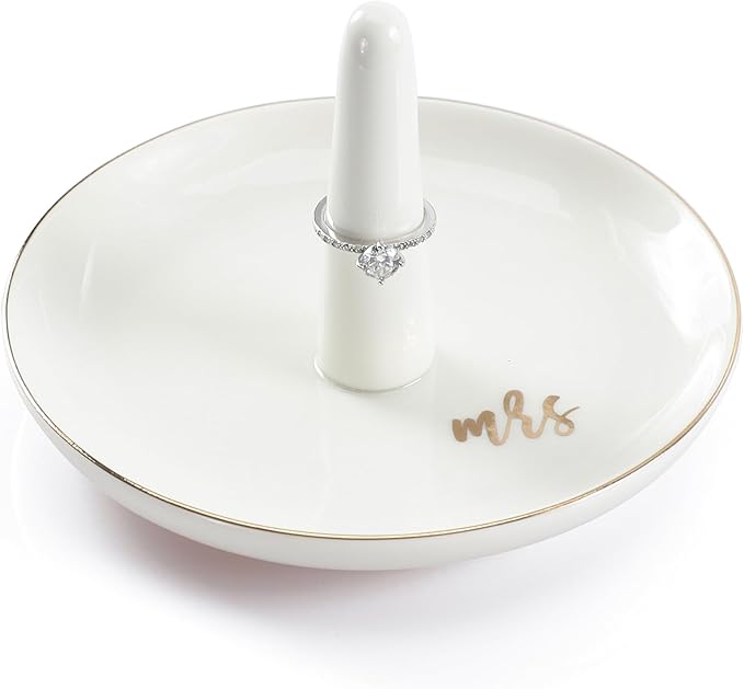 HOME SMILE Mrs Ring Holder Jewery Tray-Monogrammed Engagement Gifts for Friends,Birthday Mother's Day Christmas Gifts for Women,Ceramic White…