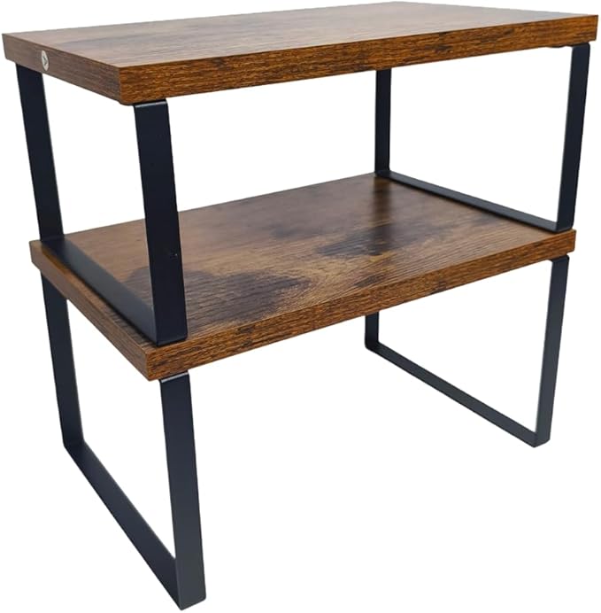 Sben Cabinet Organizer Shelf, Set of 2 Kitchen Counter Shelves, Kitchen Storage, Spice Rack, Stackable, Expandable, Metal and Engineered Wood, Ink Black and Rustic Brown