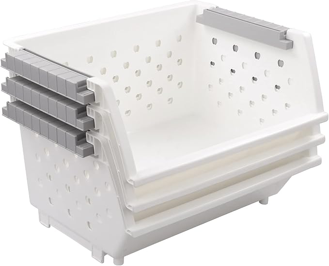 3 Pack Large Stackable Storage Bins Kitchen Plastic Stacking Basket, White