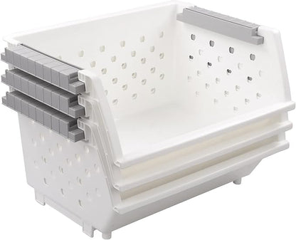 3 Pack Large Stackable Storage Bins Kitchen Plastic Stacking Basket, White