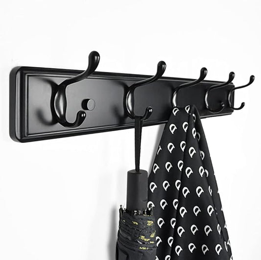 Wooden Coat Rack, Wall-Mounted Organizer for Closet, Entryway, Hallway, Foyer, Bedroom, Heavy Duty Double Hooks for Hanging Towels, Bags, Hats, Jackets, Key (Black, 5 Hooks)