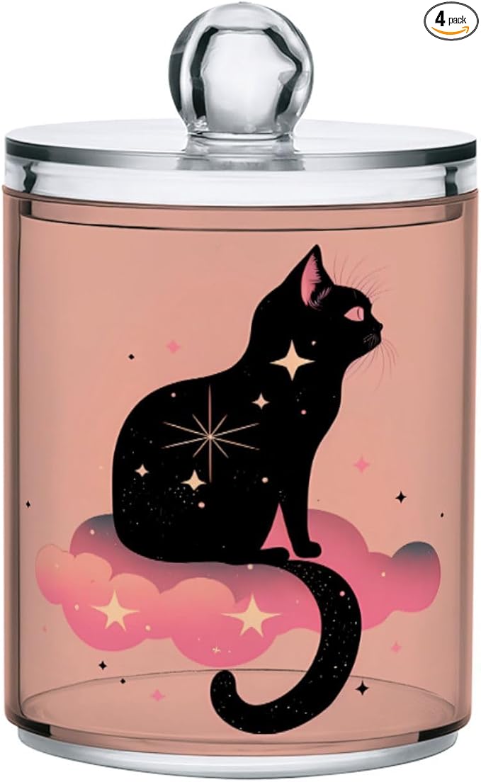 MNSRUU 4 Pack Qtip Holder Organizer Dispenser Black Cat Pink Bathroom Storage Canister Cotton Ball Holder Bathroom Containers for Cotton Swabs/Pads/Floss