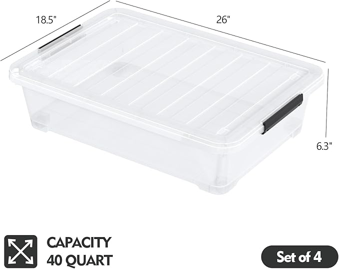 Tyminin Pack of 4 Stackable Plastic Containers with Durable Latching Lids, Under Bed Storage Containers, 40 Quart