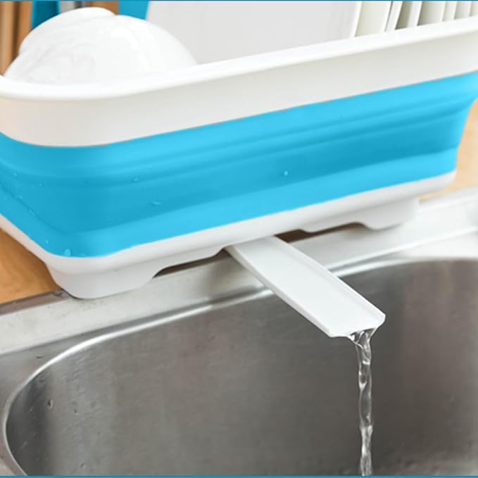 Collapsible Dish Rack Foldable Dish Drying Rack Portable Dish Drainer Dinnerware Organizer Rack Folding Tableware Storage Rack Cutlery Rack for Kitchen Counter RV Camper Accessories (White Blue)