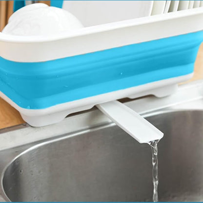 Collapsible Dish Rack Foldable Dish Drying Rack Portable Dish Drainer Dinnerware Organizer Rack Folding Tableware Storage Rack Cutlery Rack for Kitchen Counter RV Camper Accessories (White Blue)
