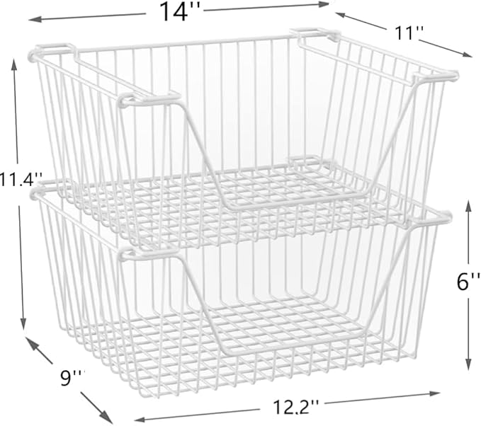 Stackable Wire Metal Baskets Cabinet Organizer Sturdy Metal Wire Pantry Freezer Bin with Handle for Kitchen Fruit Vegetable Organization, White, 3Packs