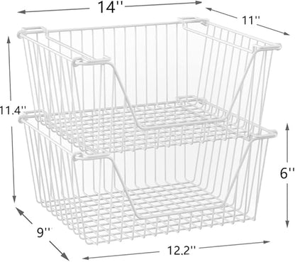 Stackable Wire Metal Baskets Cabinet Organizer Sturdy Metal Wire Pantry Freezer Bin with Handle for Kitchen Fruit Vegetable Organization, White, 3Packs