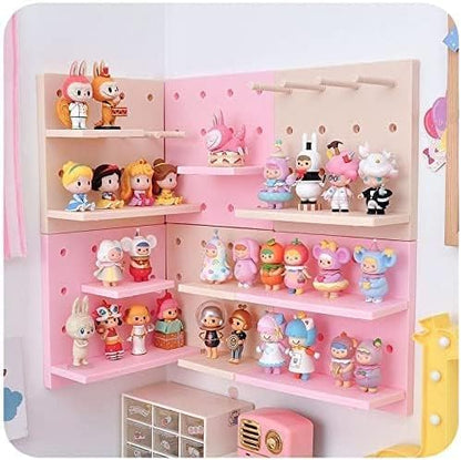 HGYZE Peg Boards for Walls with Shelf & Hooks, No Punching Craft Room Storage for Bedroom Garage Living Room Office, Pegboard Ledges Organizer, 4 Pack Decorative Wall Panel Kits for Blindboxes (Pink)