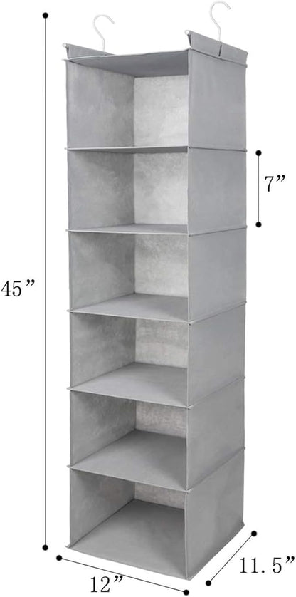 MAX Houser 6 Tier Shelf Hanging Closet Organizer, Closet Hanging Shelf with 2 Sturdy Hooks for Storage, Foldable (Light Grey)
