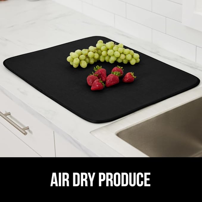GORILLA GRIP Ultra Water Absorbent Microfiber Dish Drying Mat, 18x32, Quick Dry Thick Mesh, Slip Resistant Pad for Sink Dishes or Under Rack, Kitchen Counter Accessories, Machine Wash Mats, Black