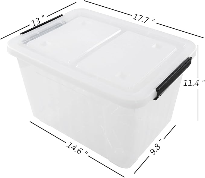 Qqbine 30 Quart Plastic Clear Storage Bin with Wheels, Plastic Latching Bins with Lids, 4 Packs