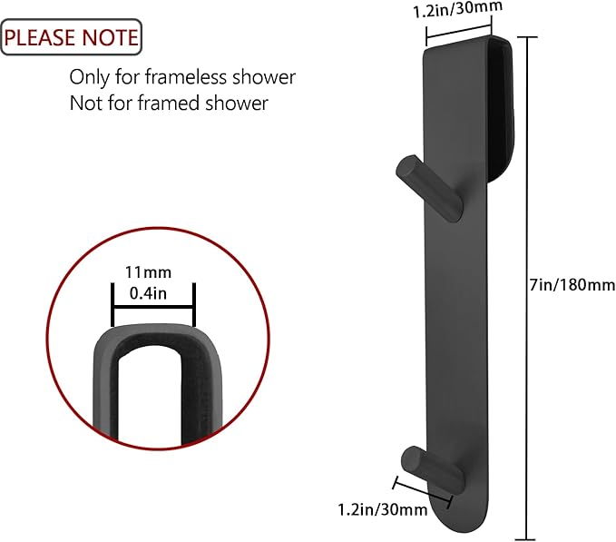 KITHOLD Shower Door Hook, Extended Length Frameless Shower Door Hook (7 Inch), Heavy-Duty Bathrobe Towel Stainless Steel Hook, No Drilling or Adhesive Required, 2-Pack, Black
