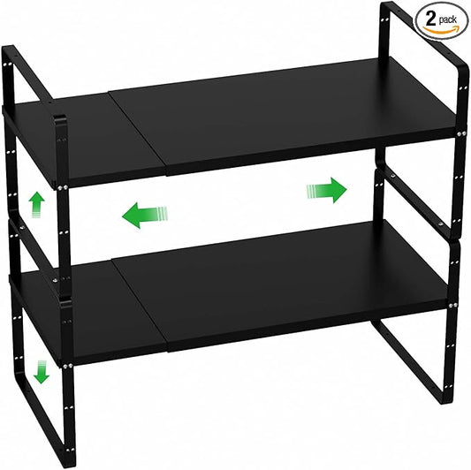 WEJIPP Cabinet Organizer Shelves,Expandable Spice Racks in Cabinet,Countertop Cupboard Pantry Shelves,Adjustable Storage Racks for Kitchen Bathroom Under Sink,2 Packs,8.07" D,Black