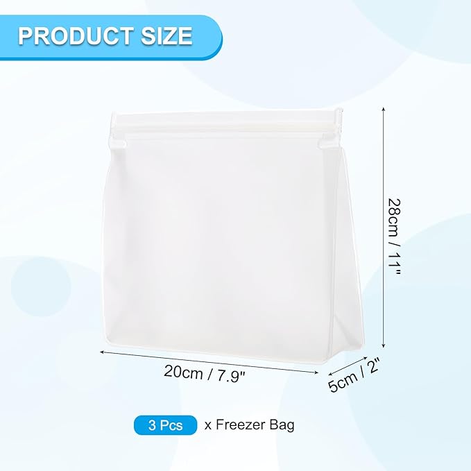 PATIKIL 8.7"x2"x7.9" Reusable Freezer Bag, 3 Pcs Leakproof Zip Food Storage Stand Up Bags Fridge Snack Vegetable Fruit Ice Container for Long-Lasting Freshness, Transparent