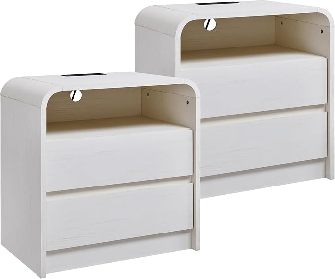 Aitjunz 25" Tall Modern Nightstand Set of 2, 23.6'' Wide Wood Bedside Table w/2 Storage Drawers, Charging Station, Mid Century End Table for Bedroom, Living Room,Curved Profile Design, Antique White