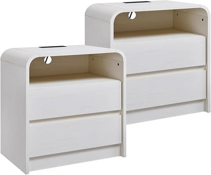 Aitjunz 25" Tall Modern Nightstand Set of 2, 23.6'' Wide Wood Bedside Table w/2 Storage Drawers, Charging Station, Mid Century End Table for Bedroom, Living Room,Curved Profile Design, Antique White
