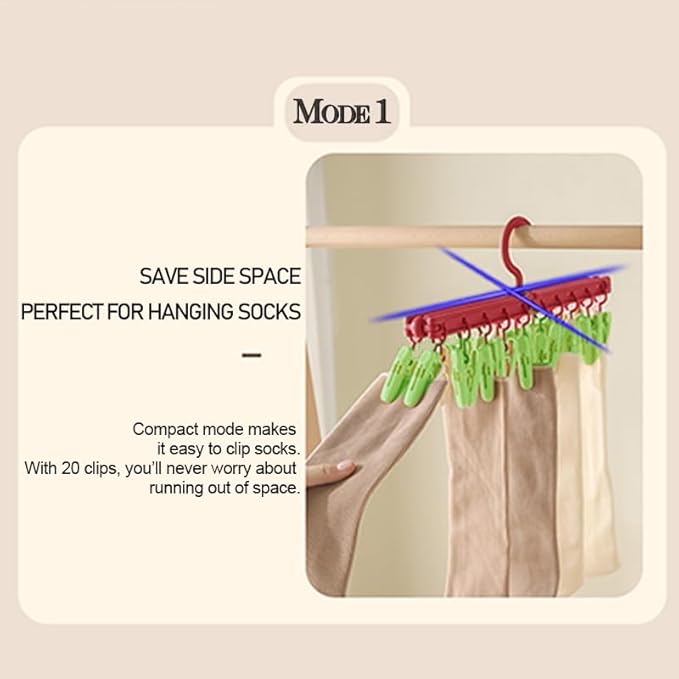 Multipurpose Clothes Drying Rack with 20 Clips – Foldable Sock Hanger with Rotating Hook – Space Saving Underwear & Bra Drying Rack – Portable Travel Laundry Hanger for Balcony Bathroom