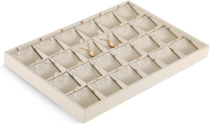 Dansmiy Linen Stackable Necklace Storage Tray, 24 Grid Pendant Display Tray, Jewellery Shop Counter Showcase Table Top Organizers, Makeup Table Drawer Insert Jewelry Tray