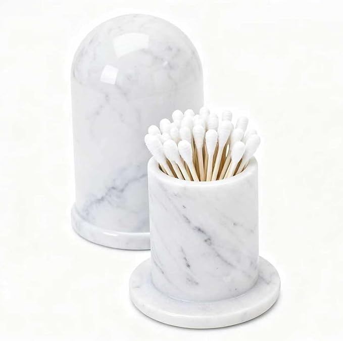 Terramason Marble Qtip Holder with Lid for Cotton Swabs, Balls, Pads, Floss Picks, Bathroom Vanity Organizer Storage Container Decor