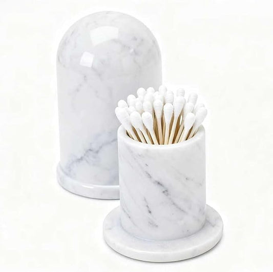 Terramason Marble Qtip Holder with Lid for Cotton Swabs, Balls, Pads, Floss Picks, Bathroom Vanity Organizer Storage Container Decor