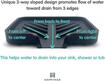 Happitasa Silicone Soap Dish Tray and Sponge Holder with Drain Chute and Feet | 3-Way Sloped Design | Bathroom and Kitchen Sink Organizer Caddy (Light Grey, 5"x4")