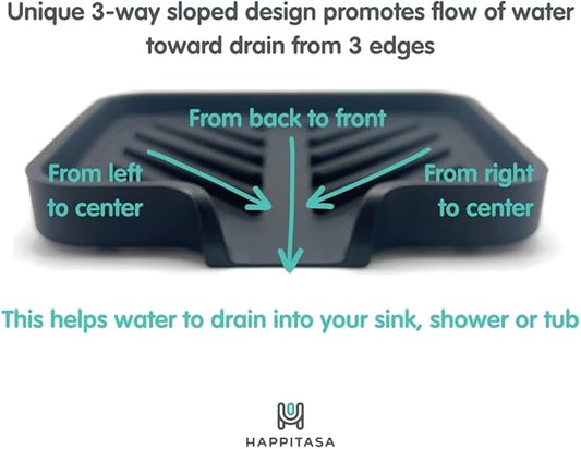 Happitasa Silicone Soap Dish Tray and Sponge Holder with Drain Chute and Feet | 3-Way Sloped Design | Bathroom and Kitchen Sink Organizer Caddy (Smoky Blue, 5"x4")