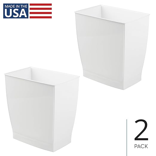 iDesign Small Plastic Bathroom Trash Can, Slim Rectangle Garbage Bin for Bedroom, Office, Dorm, 2-Pack, White
