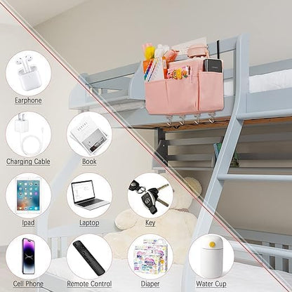 Frjjthchy Bedside Storage Organizer 5 Pockets with 4 Hooks Hanging Storage Bag for Headboards/Bunk Bed (2Pack Pink)