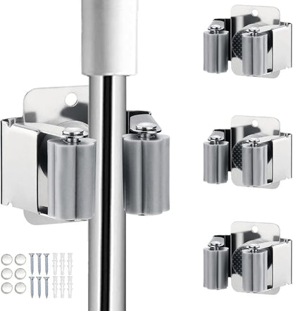 3PCS Broom and Mop Holder, Heavy Duty Garden Tool Organizer Rack Rake and Shovel Handle, Stainless Steel Mop Hanger. Wall Mounted Utility Rack with Screws, Silver.