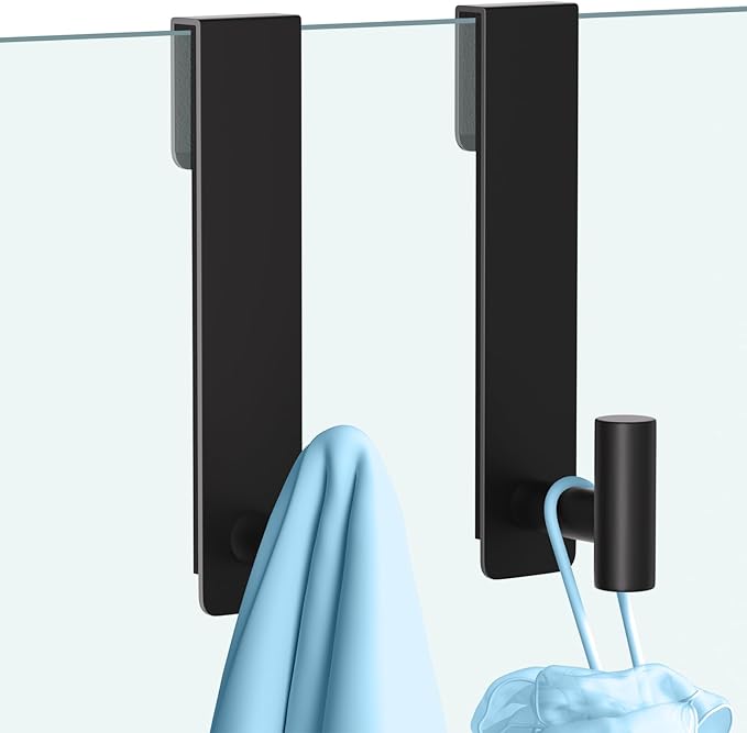 HUFEEOH Shower Towel Hooks, 7.5-Inch Extended Over Glass Shower Door Hanger for Towels & Robes, Rustproof Bathroom Towel Rack, 2-Pack (Black, T Shape)