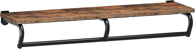 Wall Mounted Clothes Rack, Metal Garment Rack with Top Shelf, Laundry Storage Shelf with Hanging Rod, for Laundry Room, Bedroom, Entryway and Storage Room, Rustic Brown and Black TYM02BF