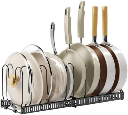 WUETOAYA Expandable Pots and Pans Organizer Rack, Pot Lid Kitchen Cabinet Organizer Holder with 10 Adjustable Compartment, Cookware Rack for Kitchen Cabinet Storage, Black
