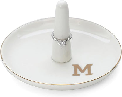 HOME SMILE Initials Ring Holder Jewery Tray with personalized M-Monogrammed Engagement Gifts for Friends,Birthday Mother's Day Christmas Gifts for Women,Ceramic White